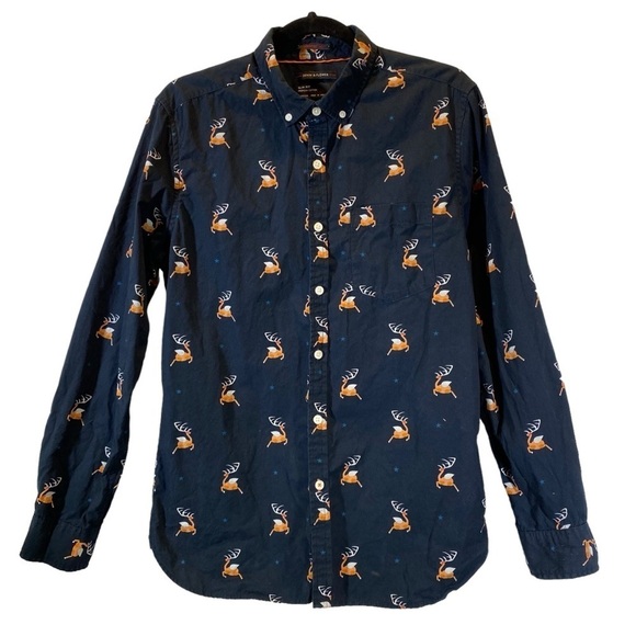 Denim & Flower Slim Fit Premium cotton Deer Print Men's Button Up Shirt Size M - Picture 2 of 8